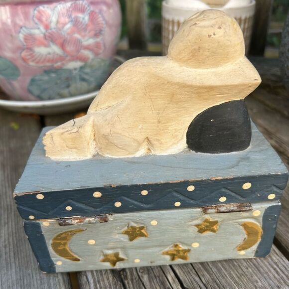 Indonesian Folk Art Sleeping Bhudha Box Carved Wood Hand Painted Stars Moon - Picture 3 of 14